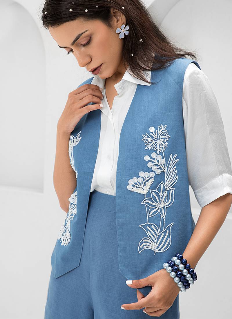 Blue embroidered buttersoft linen co ord set