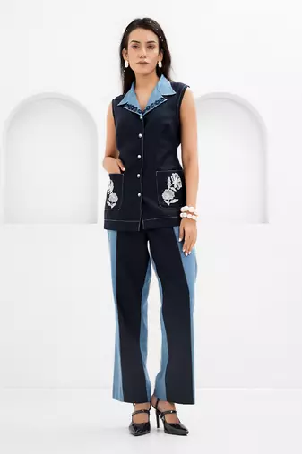Blue embroidered buttersoft linen co ord set