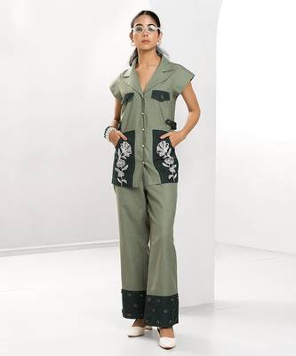 Sacramento green embroidered buttersoft linen jacket co ord set 1