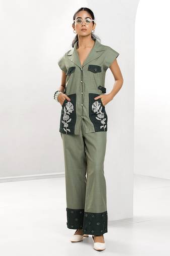 Sacramento green embroidered buttersoft linen jacket co ord set