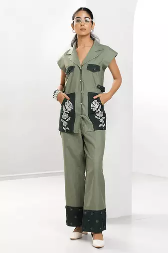 Sacramento green embroidered buttersoft linen jacket co ord set