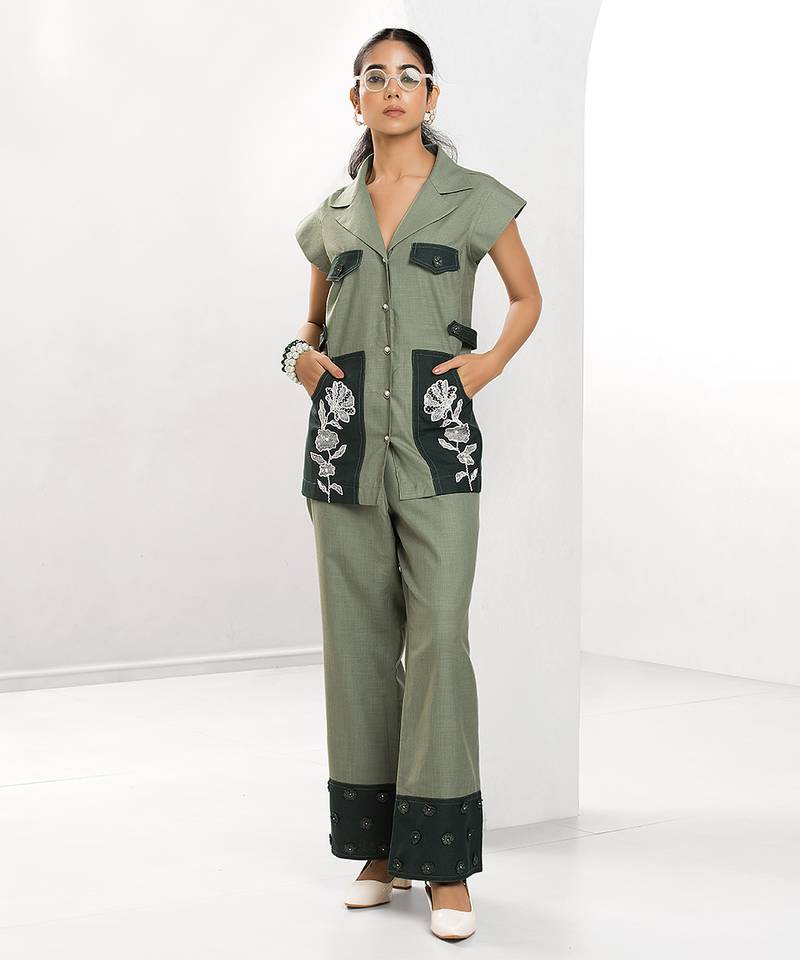 Sacramento green embroidered buttersoft linen jacket co ord set