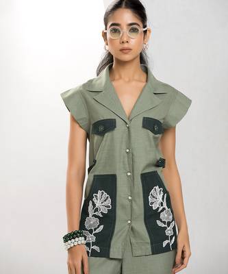 Sacramento green embroidered buttersoft linen jacket co ord set 2