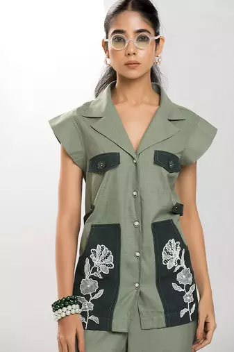 Sacramento green embroidered buttersoft linen jacket co ord set