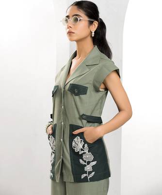 Sacramento green embroidered buttersoft linen jacket co ord set 3