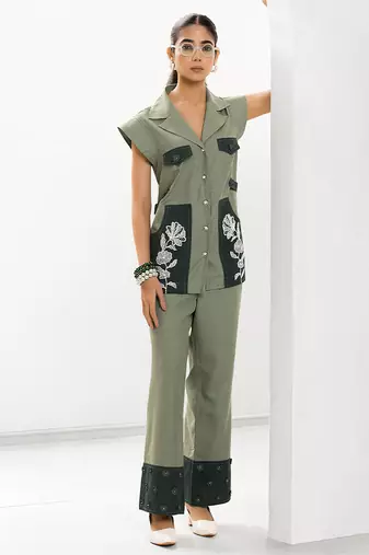 Sacramento green embroidered buttersoft linen jacket co ord set