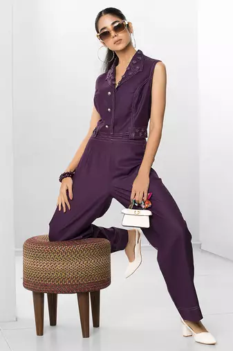Plum embroidered buttersoft linen co ord set