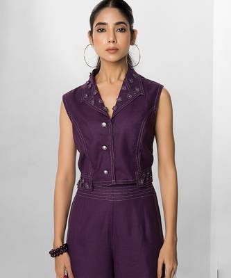 Plum embroidered buttersoft linen co ord set 3