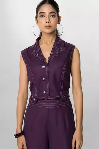 Plum embroidered buttersoft linen co ord set