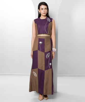 Plum embroidered buttersoft linen skirt set 1