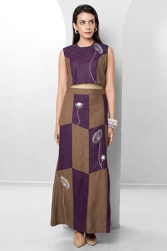 Plum embroidered buttersoft linen skirt set