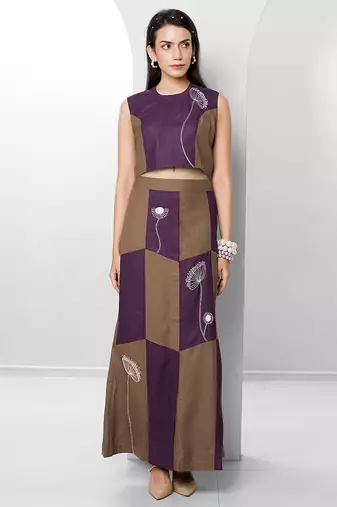 Plum embroidered buttersoft linen skirt set