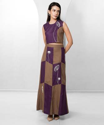 Plum embroidered buttersoft linen skirt set 2