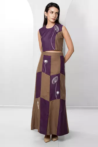 Plum embroidered buttersoft linen skirt set