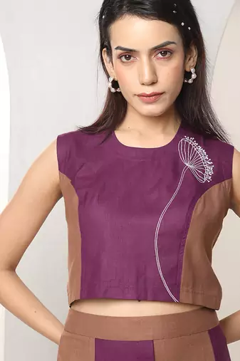 Plum embroidered buttersoft linen skirt set