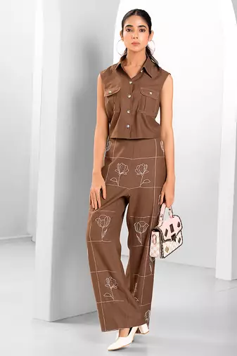 Russet brown embroidered buttersoft linen co ord set