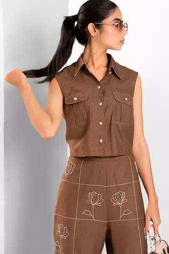 Russet brown embroidered buttersoft linen co ord set