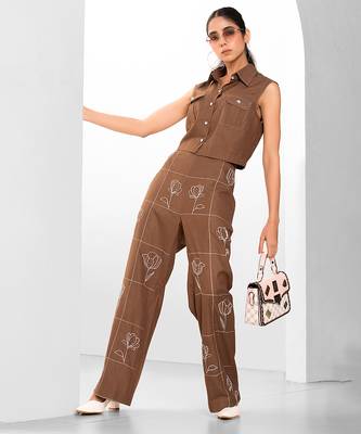 Russet brown embroidered buttersoft linen co ord set 3