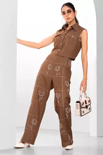 Russet brown embroidered buttersoft linen co ord set