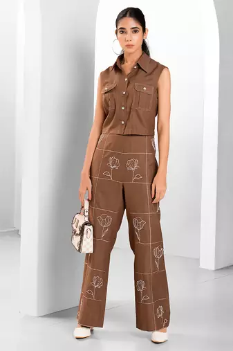 Russet brown embroidered buttersoft linen co ord set