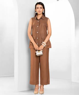 Russet brown embroidered buttersoft linen co ord set 1