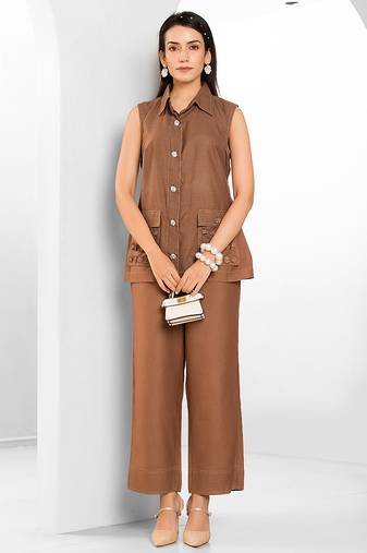 Russet brown embroidered buttersoft linen co ord set