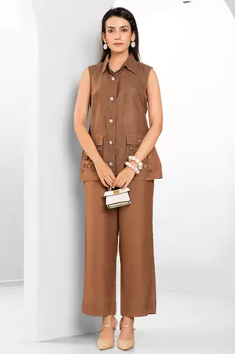 Russet brown embroidered buttersoft linen co ord set
