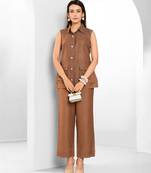 Russet brown embroidered buttersoft linen co ord set