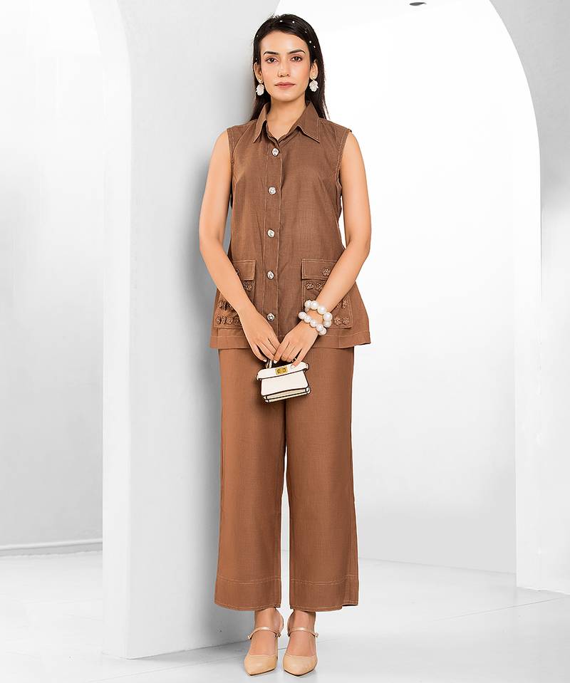 Russet brown embroidered buttersoft linen co ord set