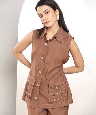 Russet brown embroidered buttersoft linen co ord set 3