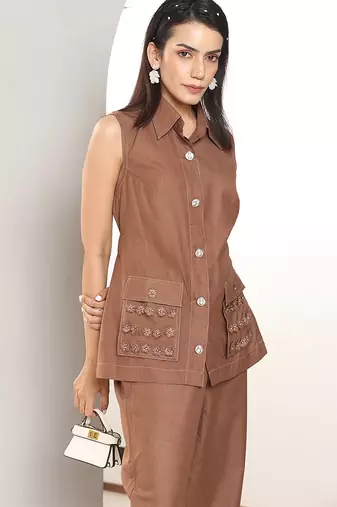 Russet brown embroidered buttersoft linen co ord set