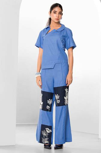 Tuft blue embroidered buttersoft linen co ord set