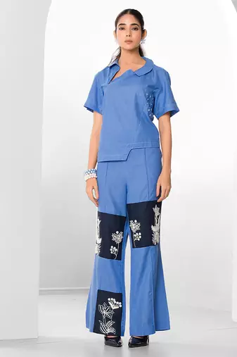 Tuft blue embroidered buttersoft linen co ord set