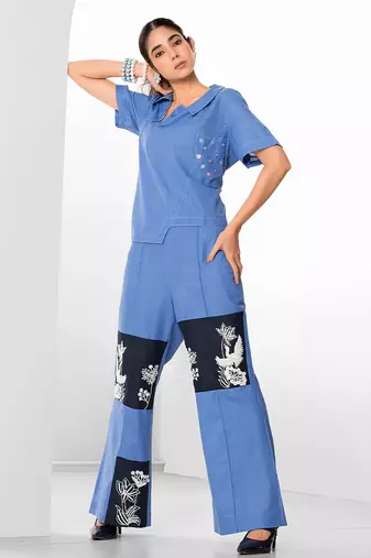 Tuft blue embroidered buttersoft linen co ord set