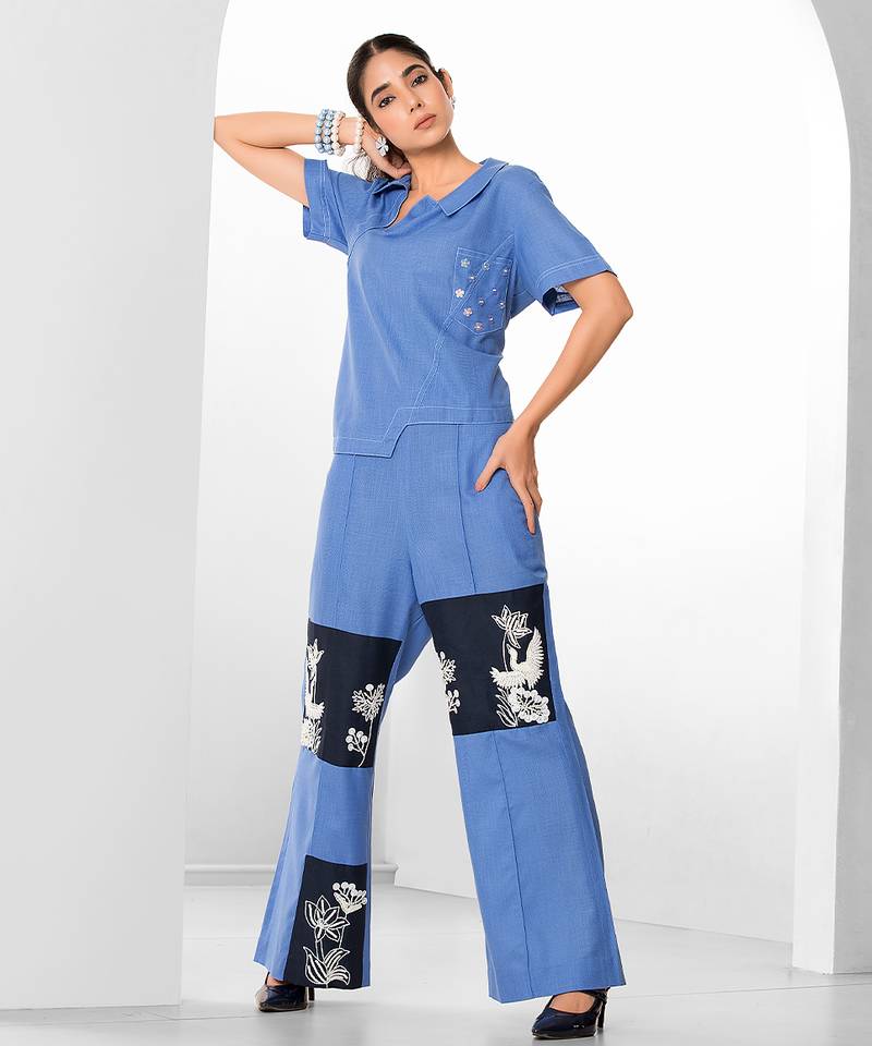 Tuft blue embroidered buttersoft linen co ord set