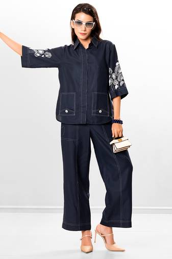Azure blue embroidered buttersoft linen jacket co ord set