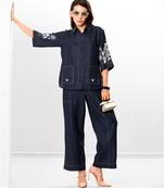 Azure blue embroidered buttersoft linen jacket co ord set