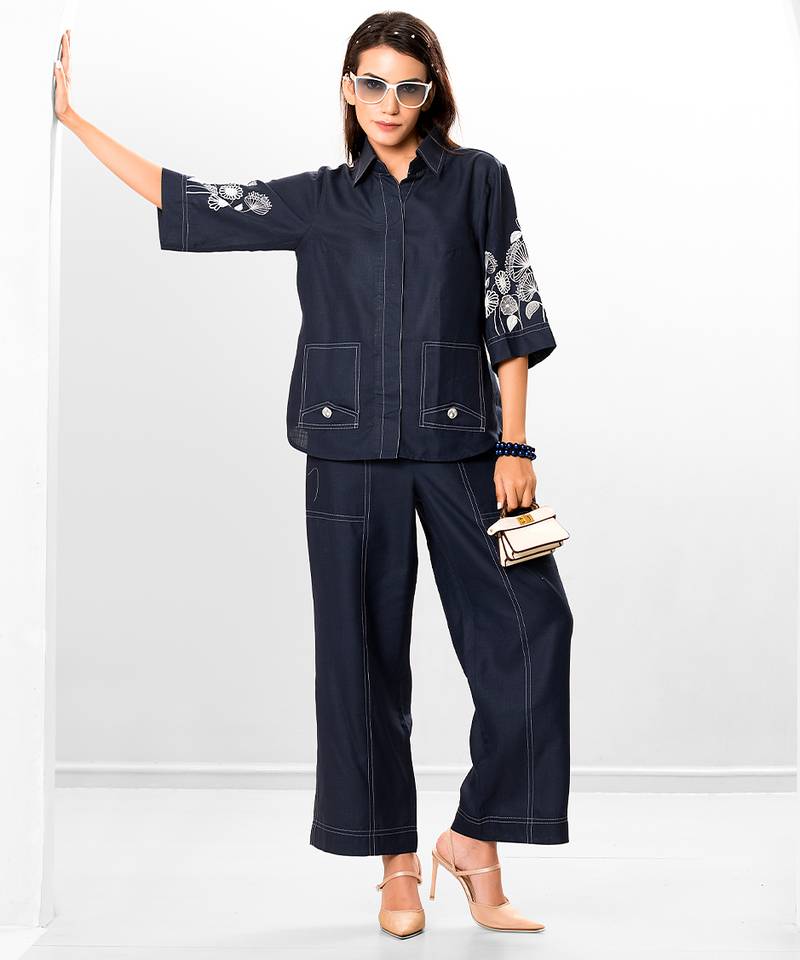 Azure blue embroidered buttersoft linen jacket co ord set