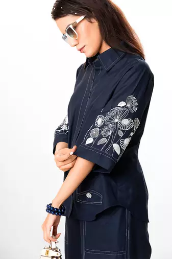Azure blue embroidered buttersoft linen jacket co ord set