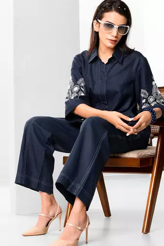 Azure blue embroidered buttersoft linen jacket co ord set