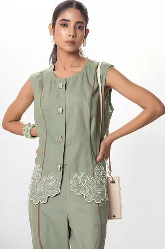 Woodland green embroidered buttersoft linen co ord set