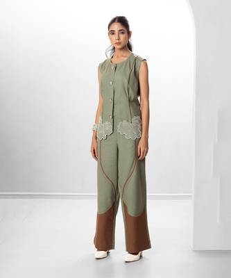 Woodland green embroidered buttersoft linen co ord set 3
