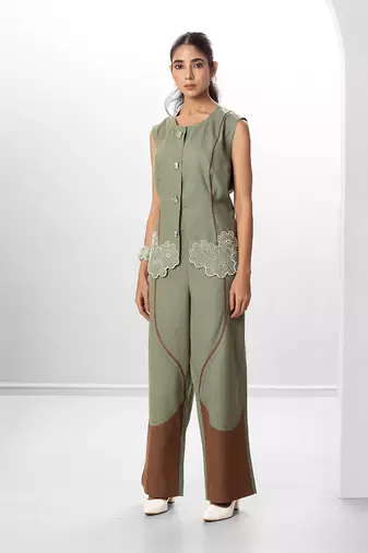 Woodland green embroidered buttersoft linen co ord set