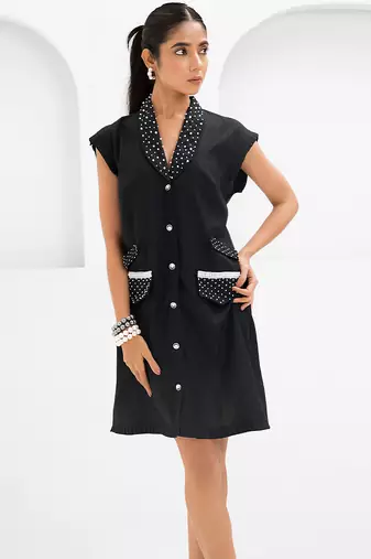Black embroidered buttersoft linen dress