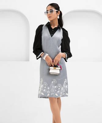 Black and grey embroidered satin linen dress 2