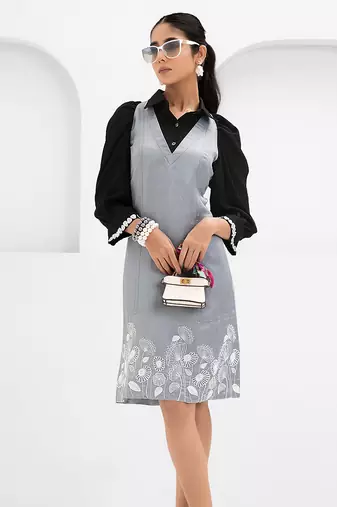Black and grey embroidered satin linen dress