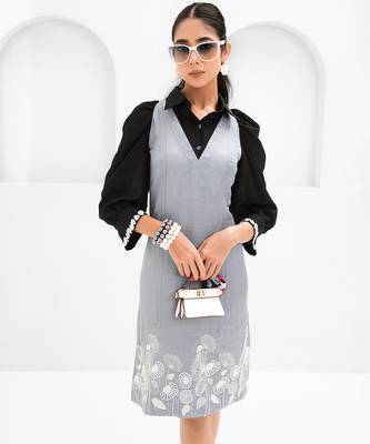 Black and grey embroidered satin linen dress 3