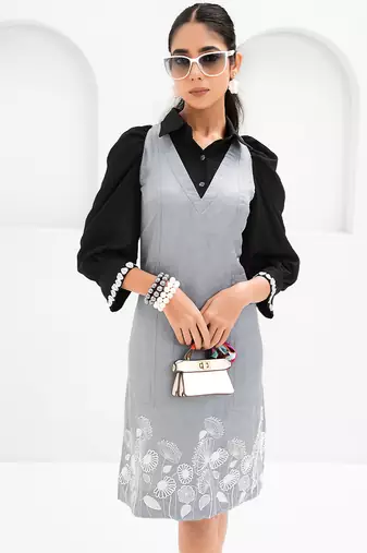 Black and grey embroidered satin linen dress