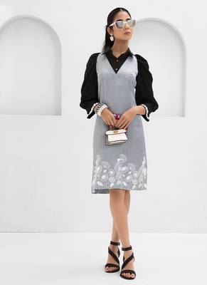 Black and grey embroidered satin linen dress 4