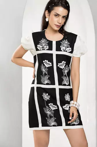 White and black embroidered buttersoft linen short dress